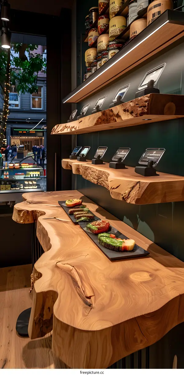Wooden Countertop Display With Desserts and Tablets