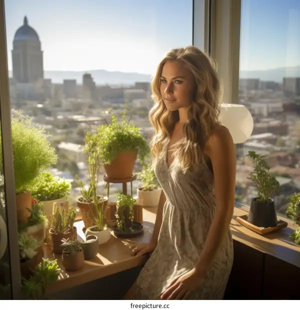 Elegant woman sitting by the window and looking at the cityscape