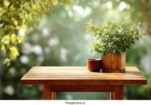 Wooden Table Outdoors with Plants