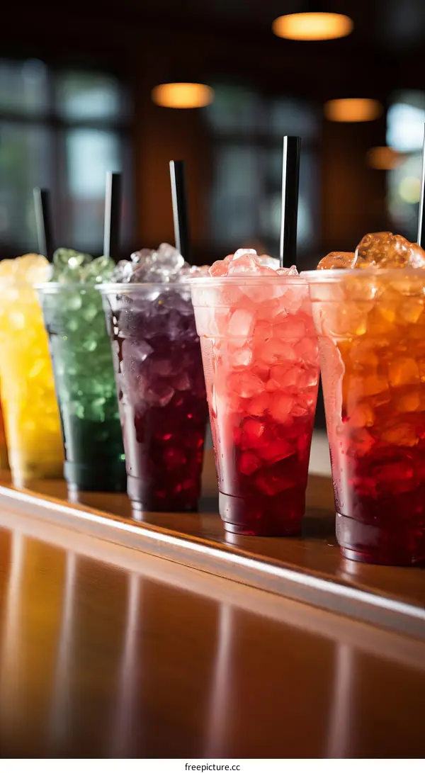 A variety of colorful slush drinks in plastic cups with black straws.
