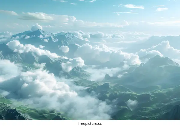 The mountain peaks are surrounded by clouds and mist, and the mountains and rivers are beautiful and picturesque