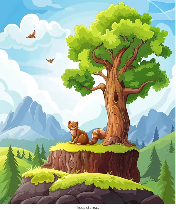 Cartoon Landscape with a Cute Animal Sitting on a Stump