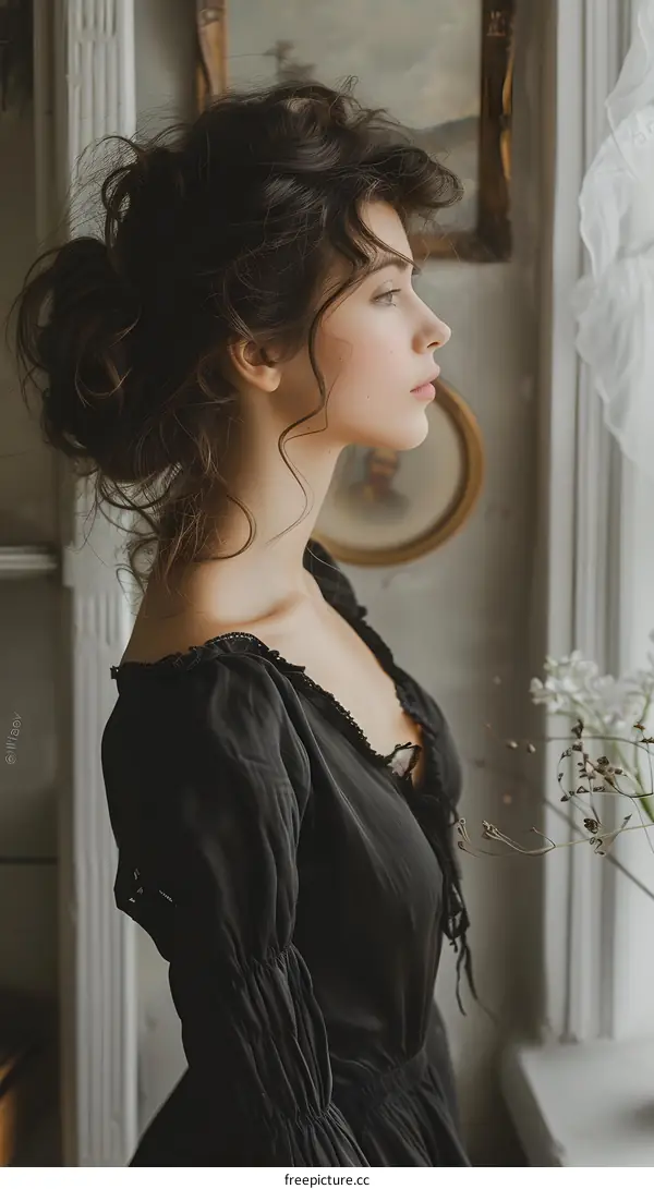 portrait of a beautiful woman in black dress with curly hair