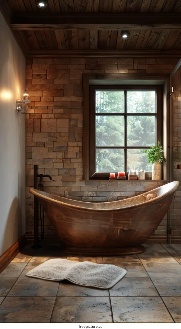 Rustic Wooden Bathtub in a Stone Bathroom