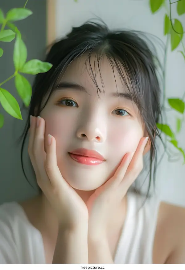 Portrait of a Young Asian Woman with Plants in the Background