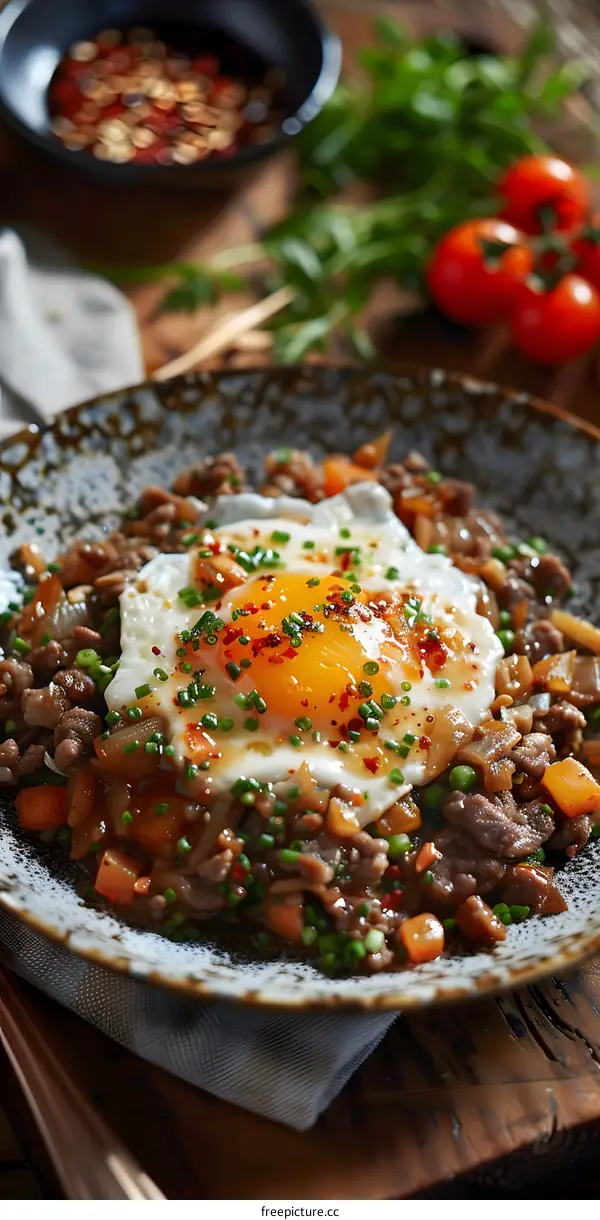 Spicy pork with fried egg and chili flakes