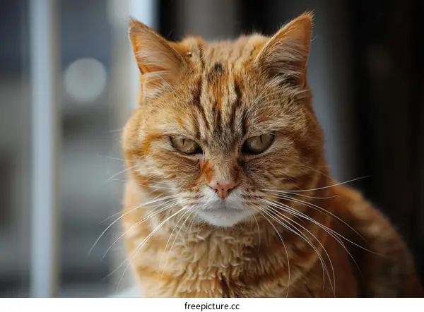 A ginger cat is sitting on a windowsill and looking at the camera.