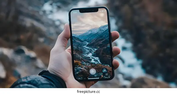Hand Holding Smartphone With Mountains And River Landscape On The Screen