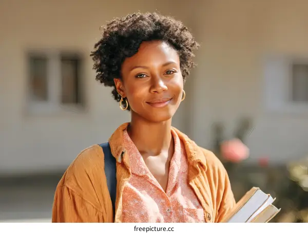 Smiling Black Woman Holding Books Outdoors