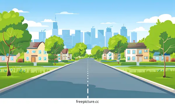 Cartoon Illustration of a City Street with Green Trees and Buildings in the Background