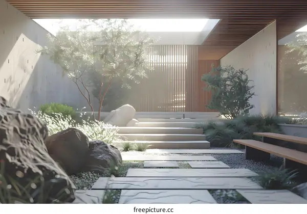 Modern Minimalist Courtyard with Sunbeams