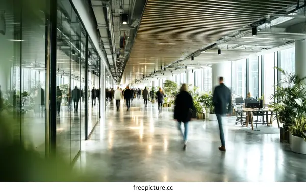 Modern Office Corridor with People Walking