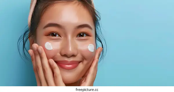 Smiling Woman Applying Face Cream on Blue Background