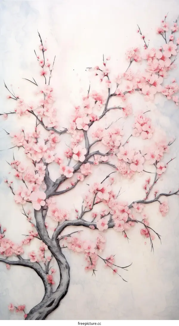 An illustration of a cherry blossom tree with delicate pink flowers and intricate branches against a soft white background