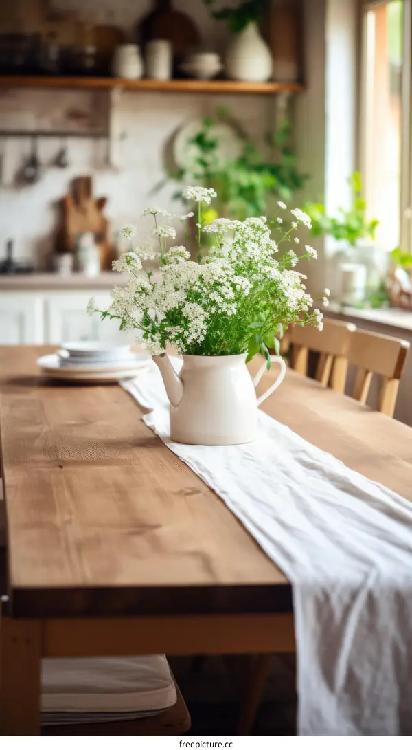 A wooden table with a vase of white flowers on it