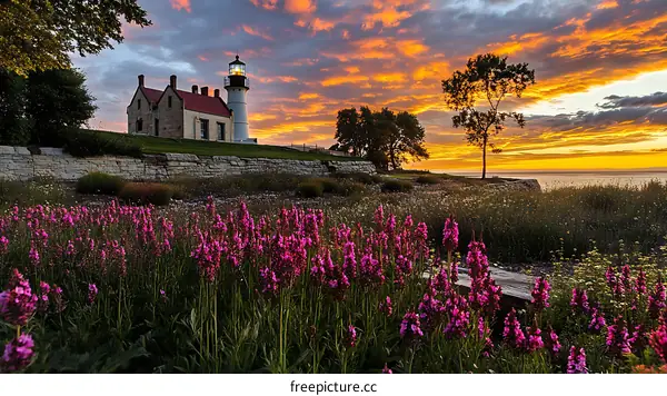 Lighthouse at Sunrise with Colorful Flowers