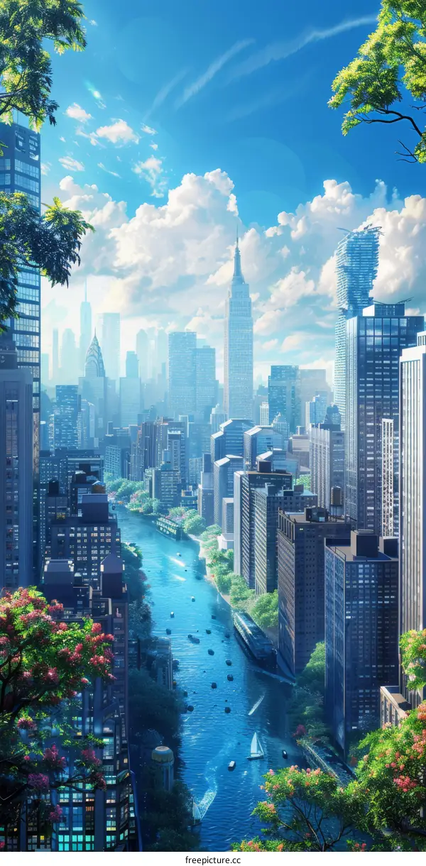 City Skyline with River and Buildings