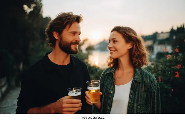 Couple Enjoying Beer Outdoors at Sunset