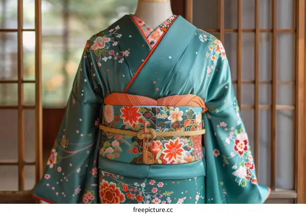 A kimono with a floral pattern and a golden obi
