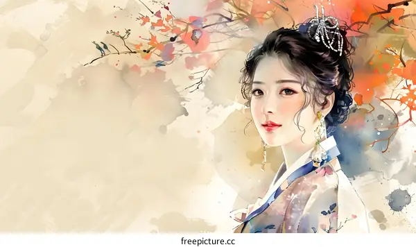A beautiful Chinese woman in traditional dress with an orange background