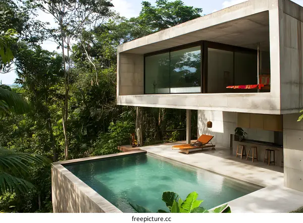Modern Concrete House with Infinity Pool Surrounded by Lush Greenery