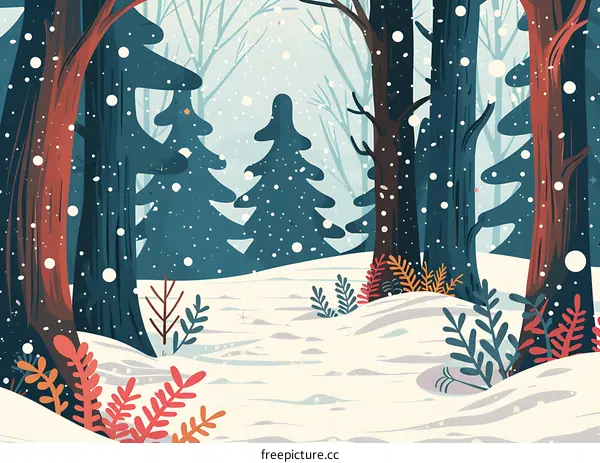Snowy Forest Landscape Illustration with Falling Snow
