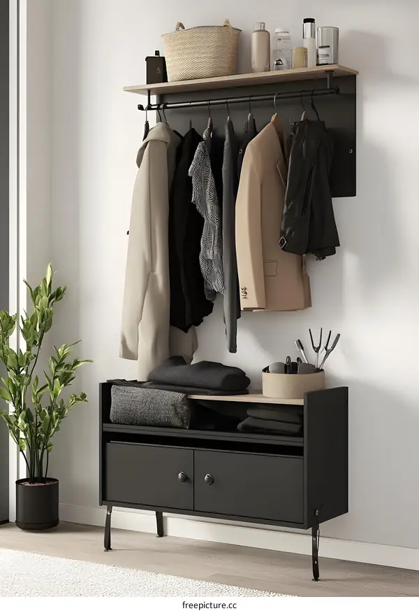 Modern Black Entryway Furniture With Clothes Hanging On Wall Rack