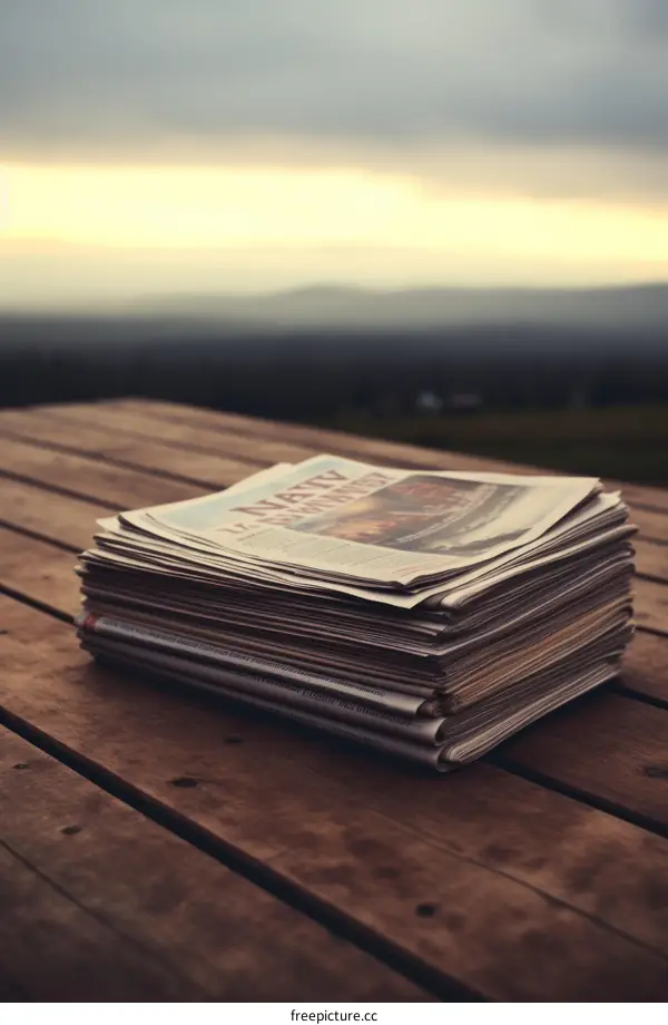 Stack of Newspapers on a Wooden Table with a Sunset Background
