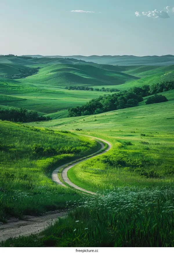 Winding Road Through Rolling Green Hills