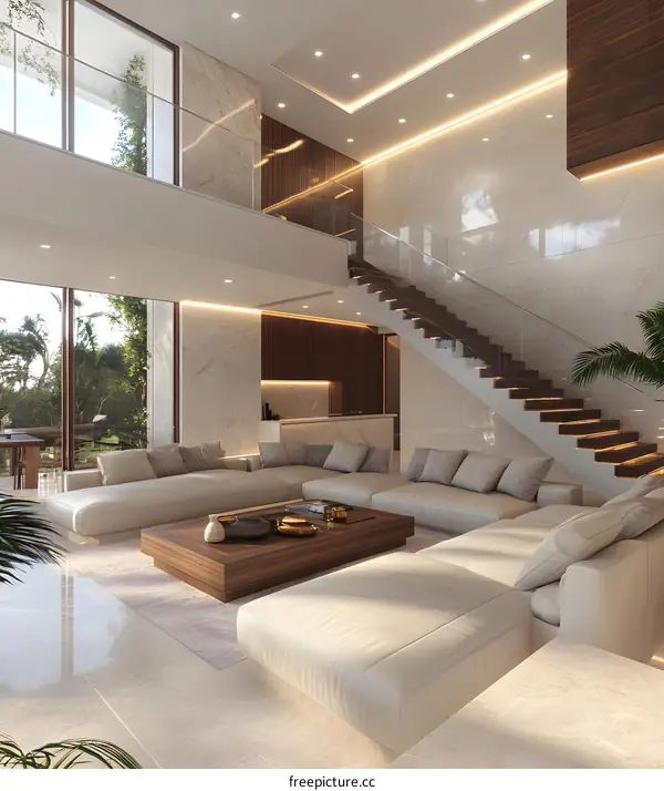 Modern Minimalist Living Room Interior Design With White Sofa And Wooden Coffee Table