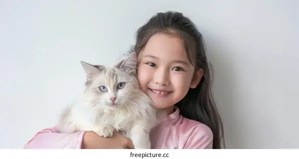 Little Asian girl hugging a white cat