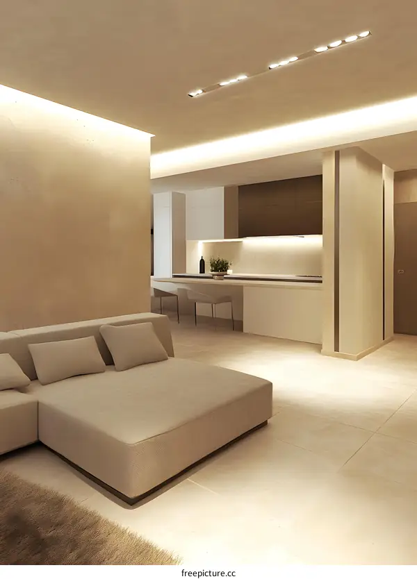 Modern Minimalist Living Room Interior Design with Beige Sofa and Kitchen Counter