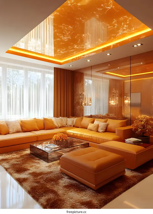 Modern Living Room Interior Design with Orange Couch and Rug