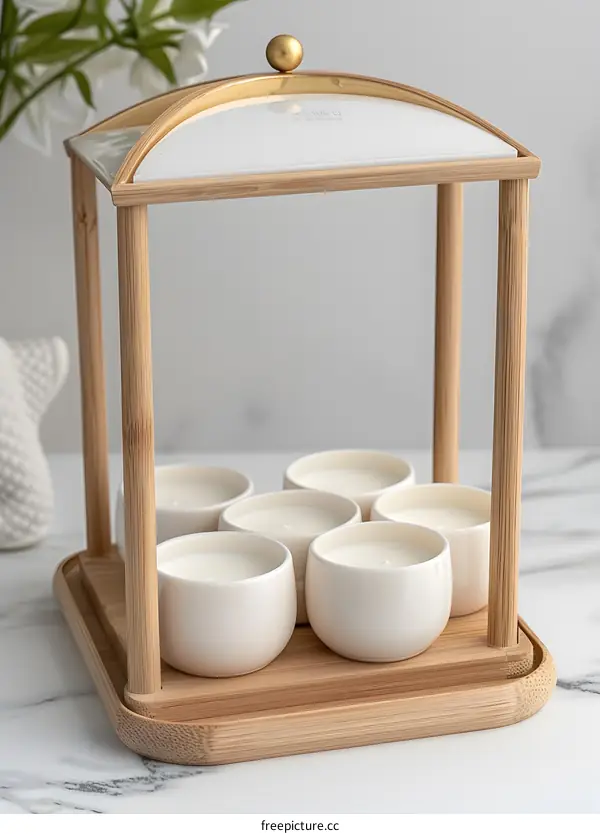 Wooden Candle Holder with Six Candles and a Dome Lid