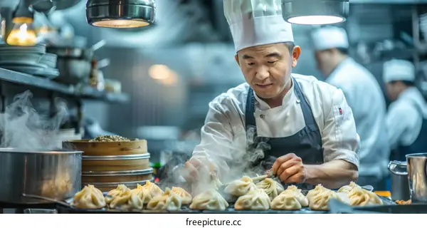 A chef is making dumplings in a restaurant kitchen.