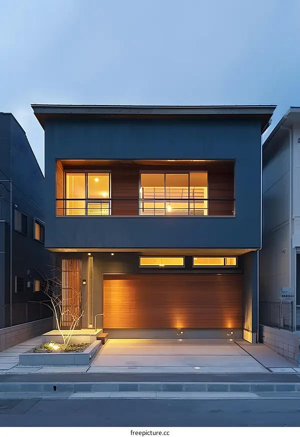 Modern Two Story House with Garage and Lights
