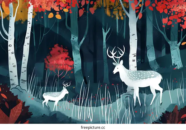 White Deer In The Forest Illustration