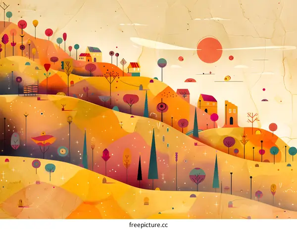 Abstract Landscape With Colorful Trees and Houses