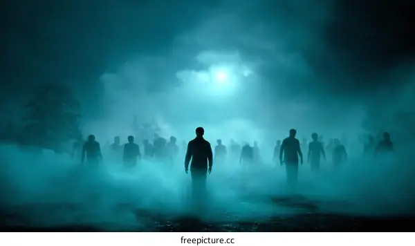 Silhouette of many people walking in a fog