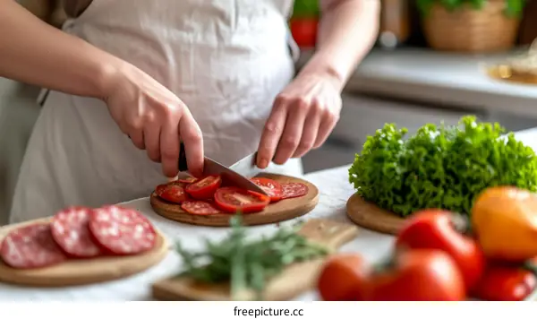 Caucasian woman chopping tomatoes in the kitchen