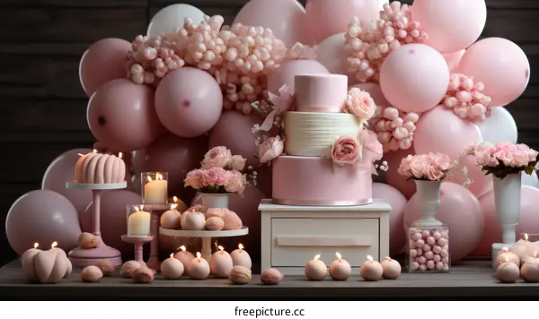 Pink and white birthday party decoration with a cake, candles, flowers and balloons