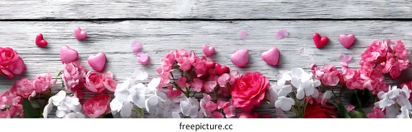 Beautiful Pink Flowers and Hearts on Wooden Background