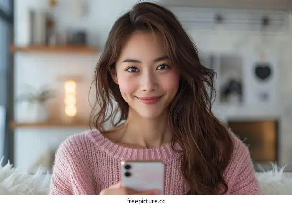 Asian woman smiling while holding her phone