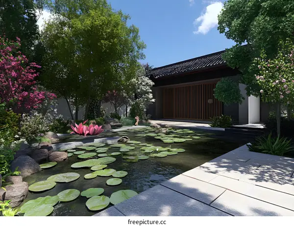 Zen Garden with Pond and Lotus Flower