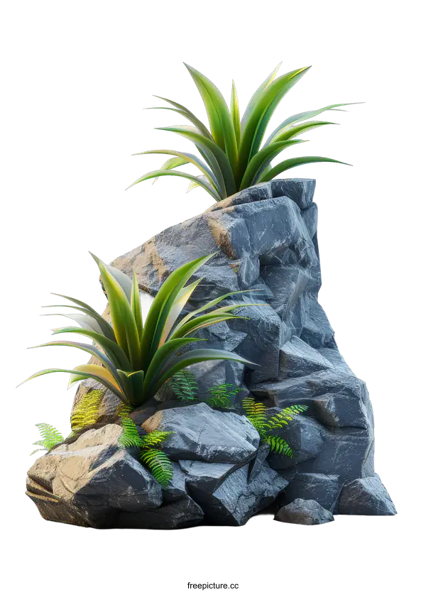 [Transparent Background PNG]3D rendering of green plants growing on rocks