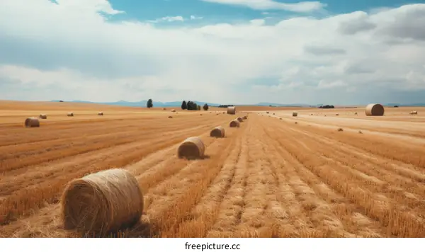 Round Hay Bales in a Field Underneath a Blue Sky with Clouds