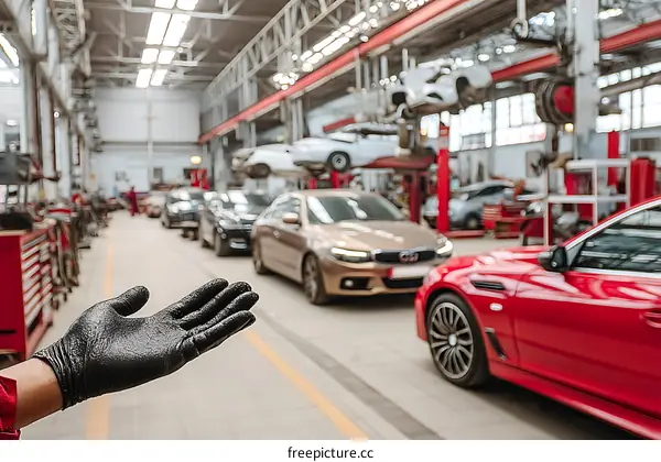 Auto Repair Shop with Workers and Cars