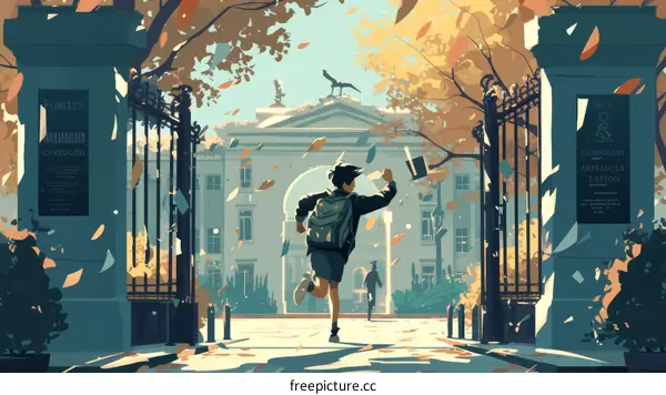 A student runs through a university campus in the fall