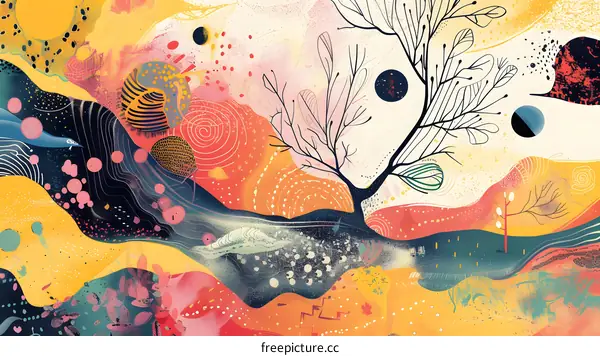 Abstract Landscape With Tree and Colorful Shapes