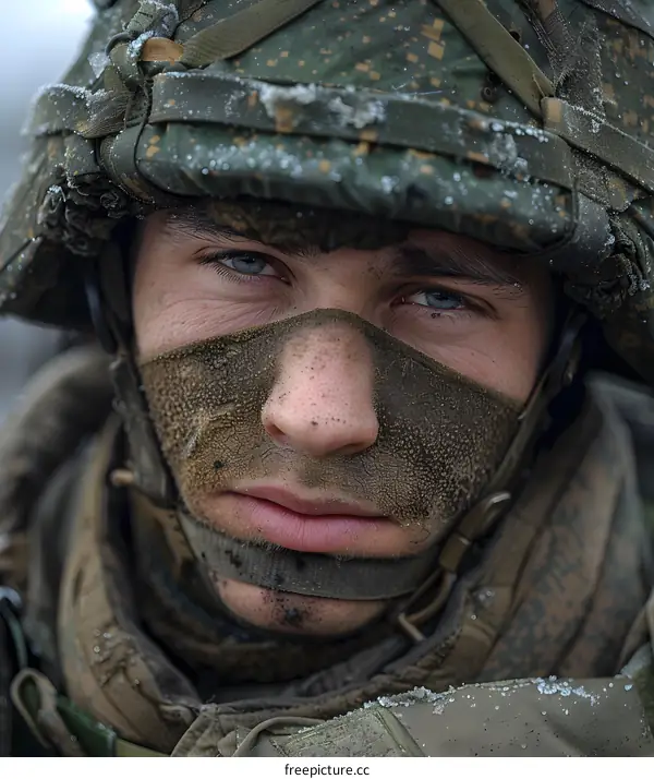 Portrait of a young soldier wearing a camouflage balaclava